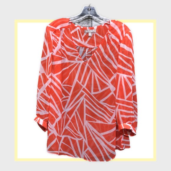 Banana Republic Women's Semi Sheer Blouse Orange White Print Size L - Picture 1 of 3
